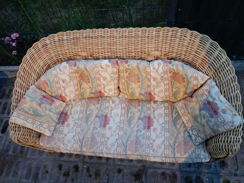 Kanapa Sofa rattanowa naturalny oplot GRUBY poduszki dwuosobowa rattan