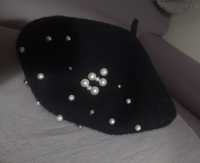 Piękny beret czarny damski wełna wełniany z perełkami elegancki