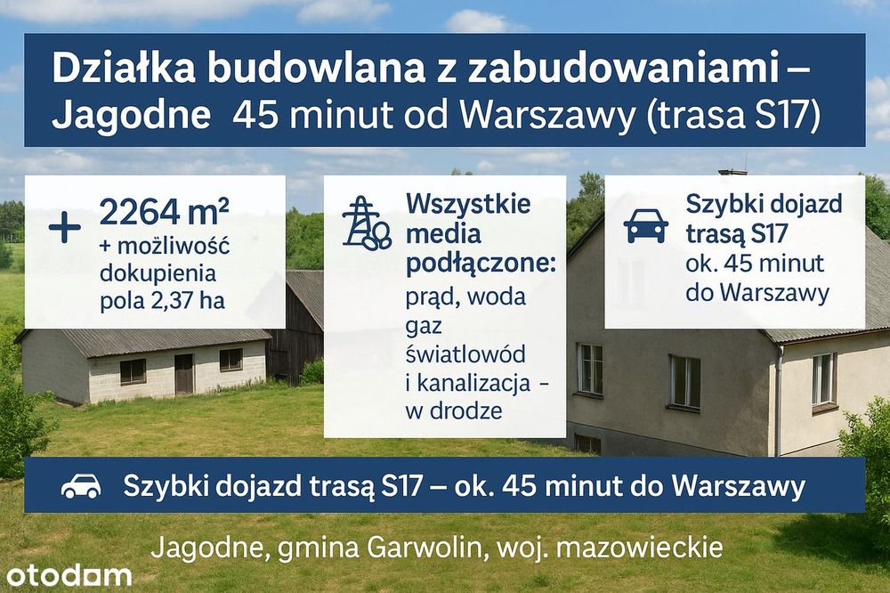 Działka budowlana z zabudowaniami + media– Jagodne, 45 min od Warszawy