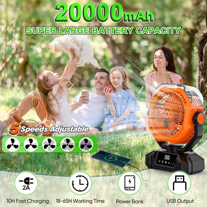 Wentylator z funkcją mgiełki, akumulatorowy, kempingowy 20000 mAh