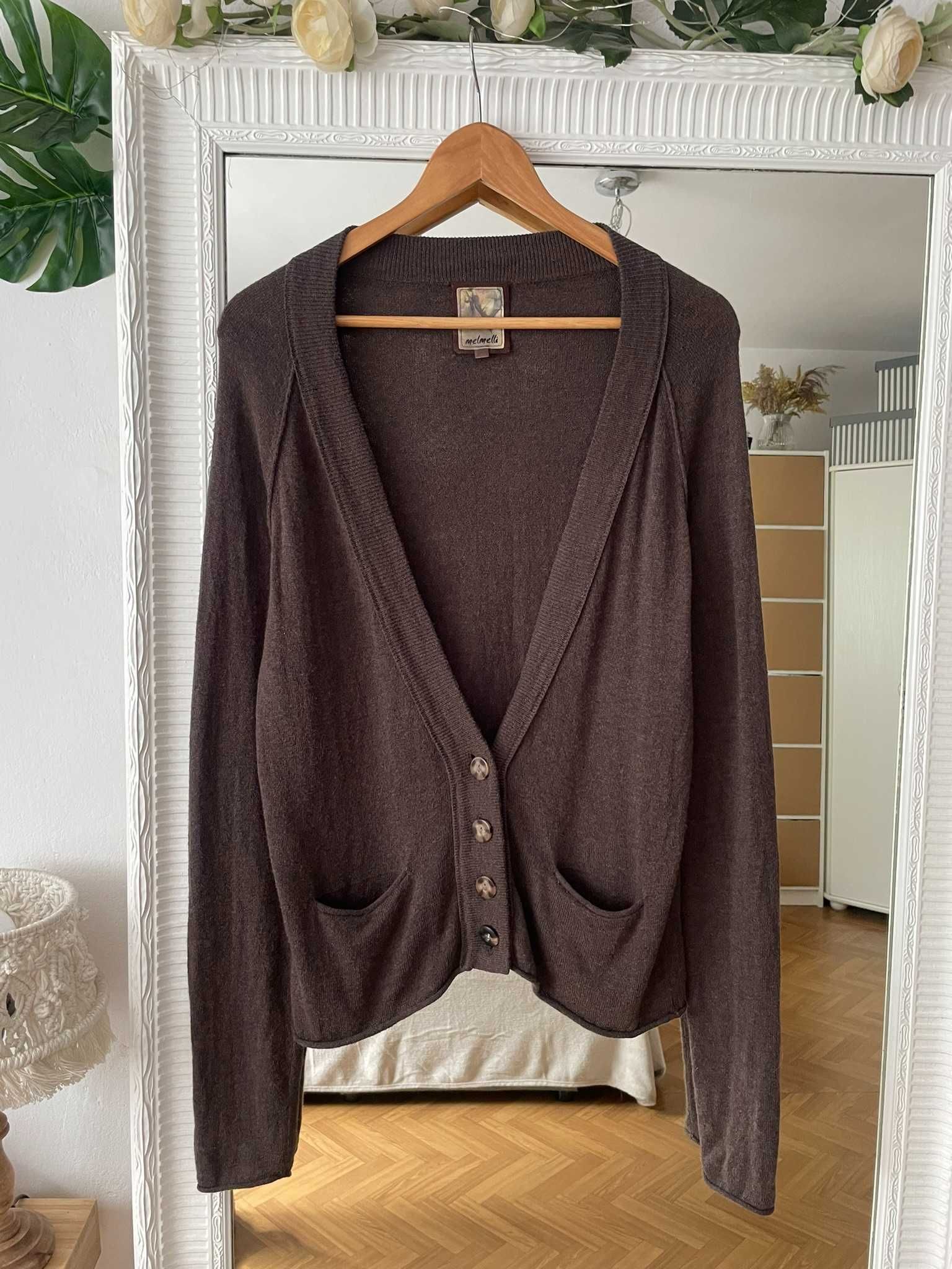 Sweter brązowy kardigan guziki kieszenie 30% wełna bawełna S 36 M 38