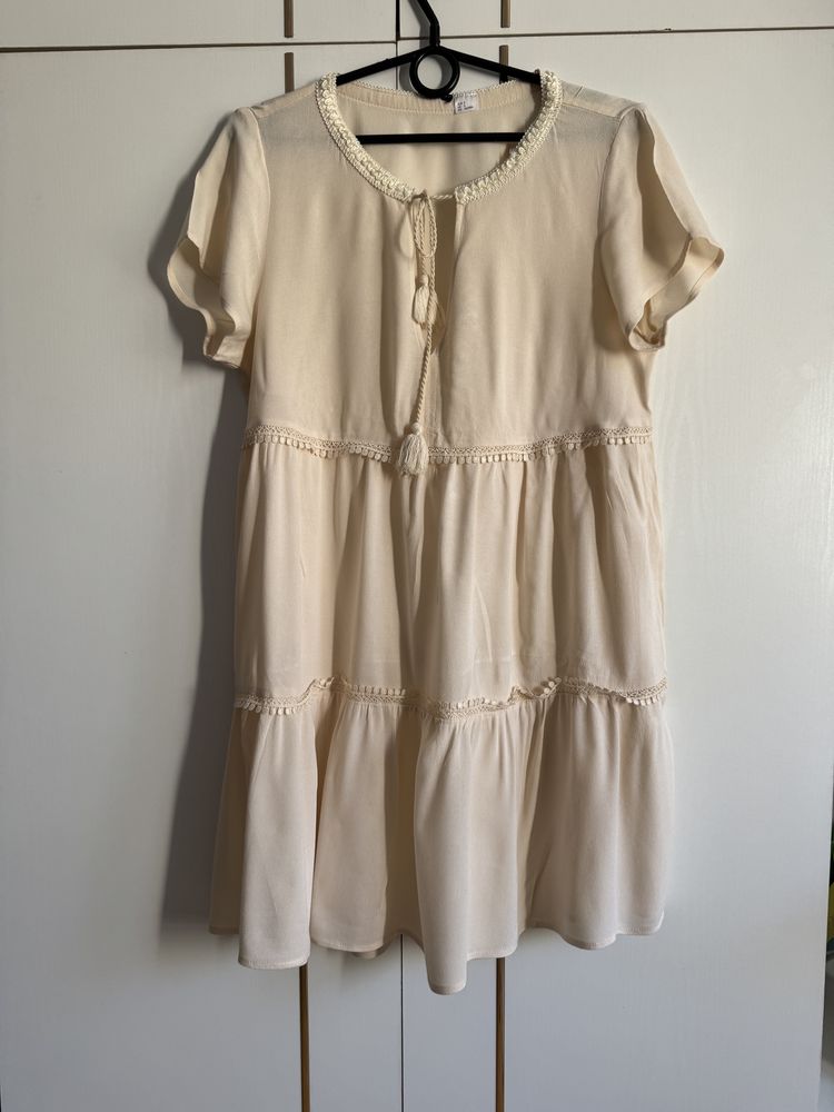 Sukienka mini kremowa ecru narzutka plażowa H&M 36/S