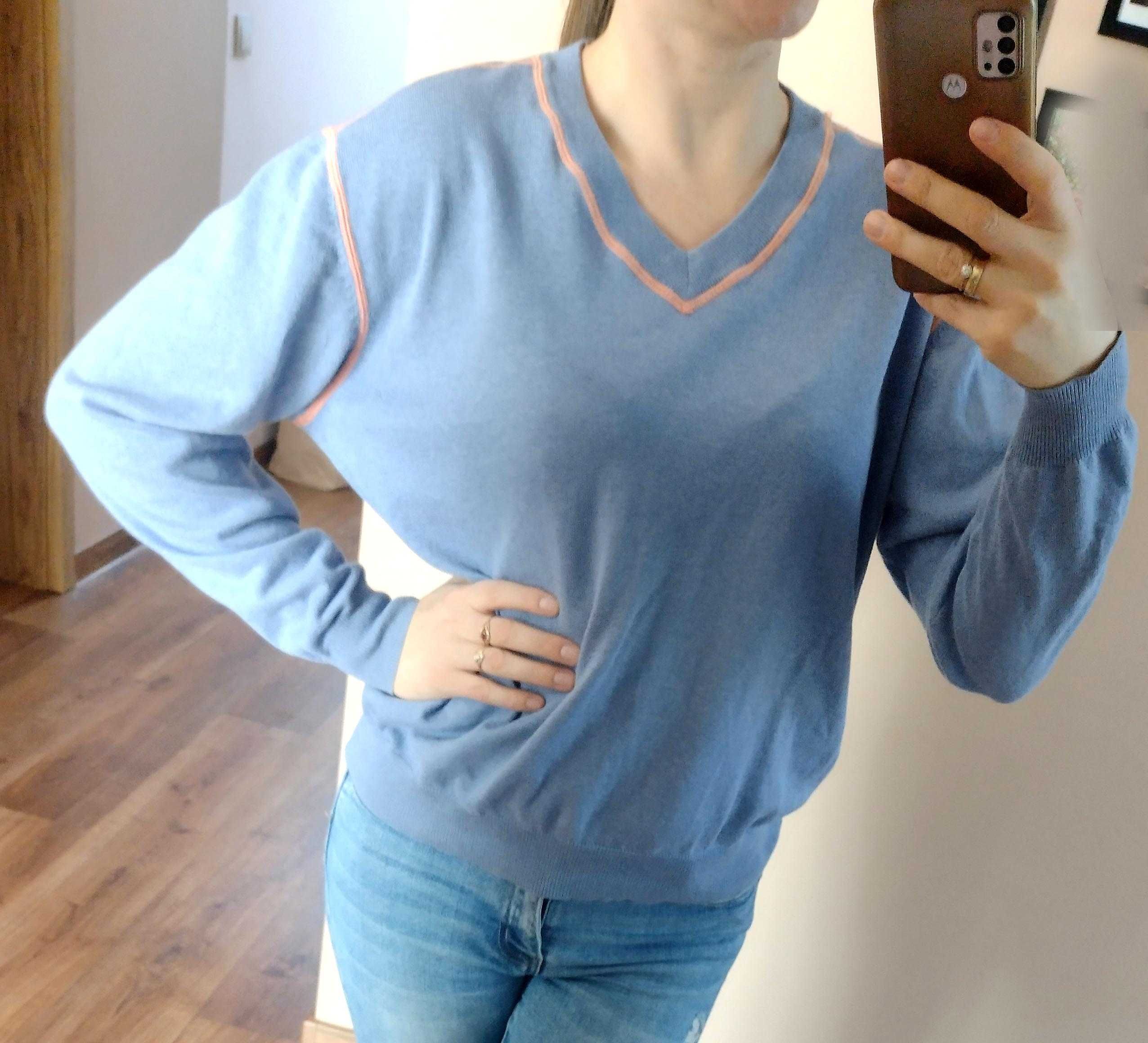 Sweter w serek bawełna kaszmirM męski damski unisex długi rękaw błekit