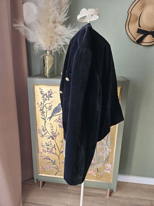 Unikatowy Czarny Żakiet damski Aksamitny/Welurowy Vintage Złote Guziki