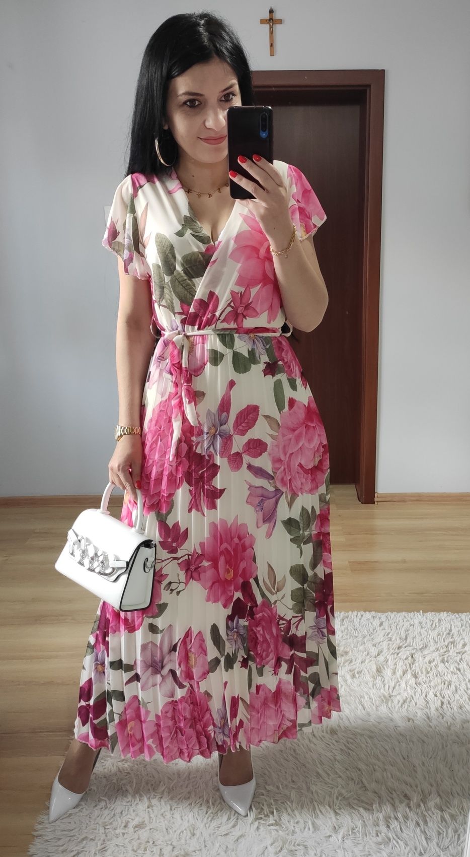 Sukienka długa maxi w kwiaty plisowany dół wesele impreza chrzciny