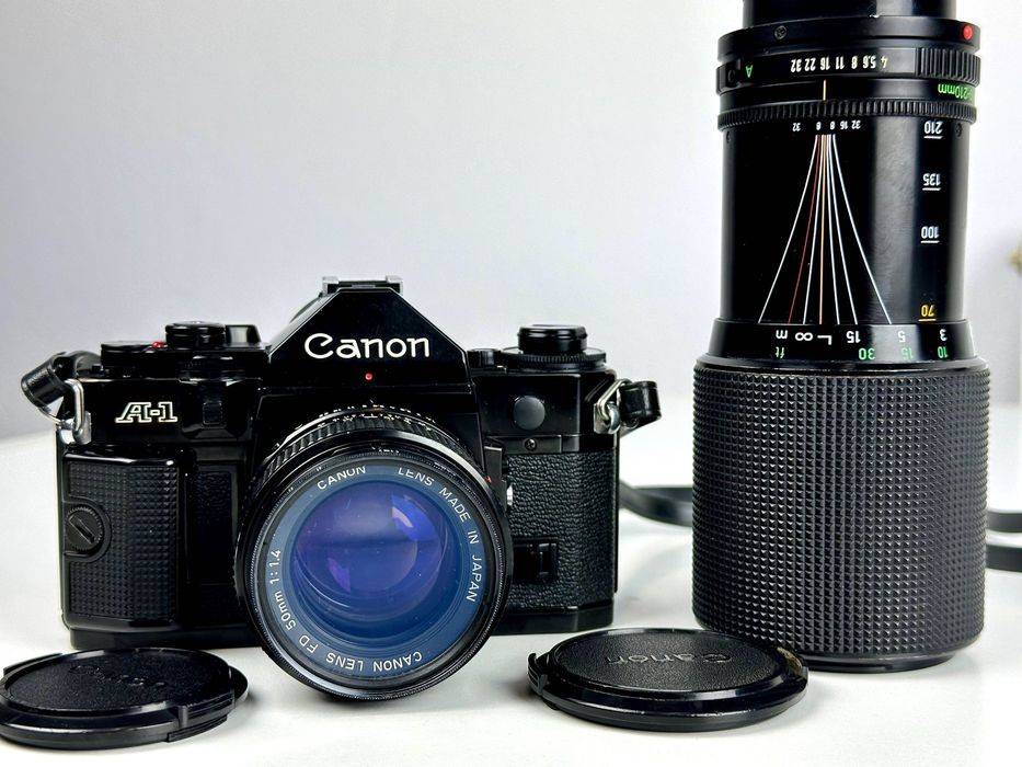 Canon A‑1 + FD 50 mm f/1.4 + FD 70–210 mm f/4 – pełny zestaw analogowy
