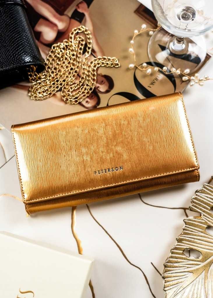 Peterson portfel skórzany damski Gold Champagne duży elegancki RFID