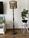 Drewniana solidna lampa stojąca z pięknym abażurem boho retro vintage