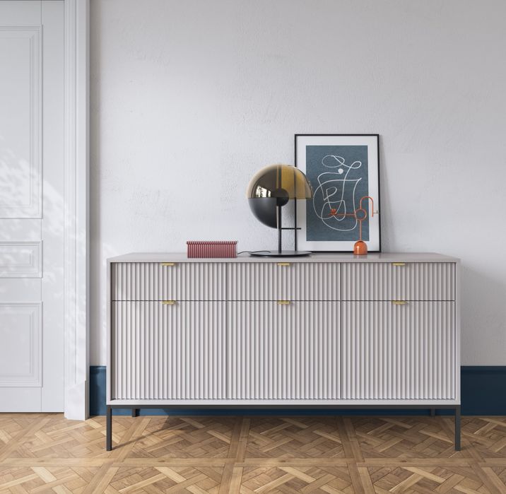 Komoda RYFLE 154 cm! Biała, czarna, szara. Nogi czarne i złote.
