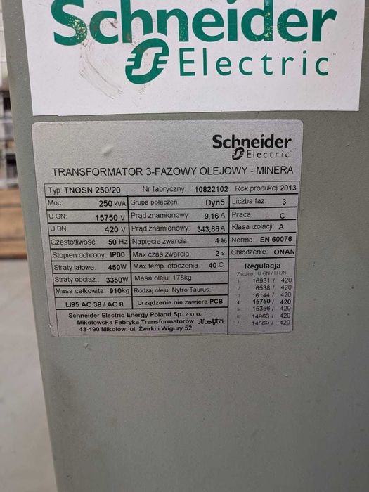 Transformator olejowy Schneider 250kVA 15,75/0,42kV Al/Al.