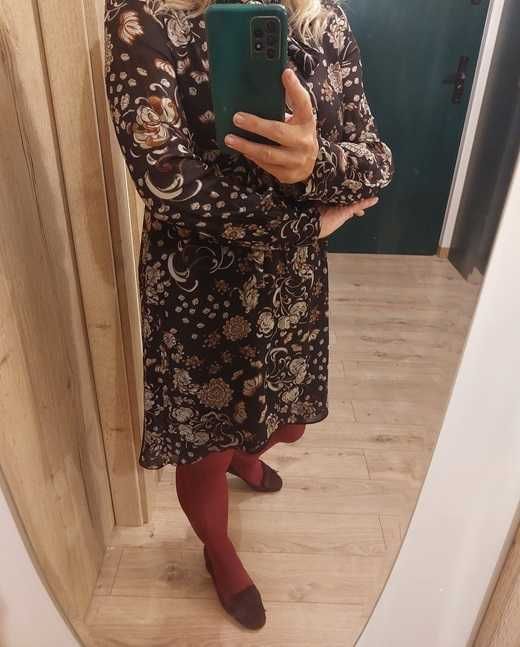 brązowa sukienka kwiaty Zara falbany luźna jesień autumn lato