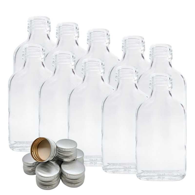 10szt. Butelka piersiówka 100ml + zakrętki SREBRNE fi 28/18