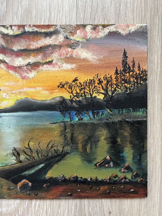 Krajobraz ekspresyjny drzewa nad jeziorem arkryl na desce