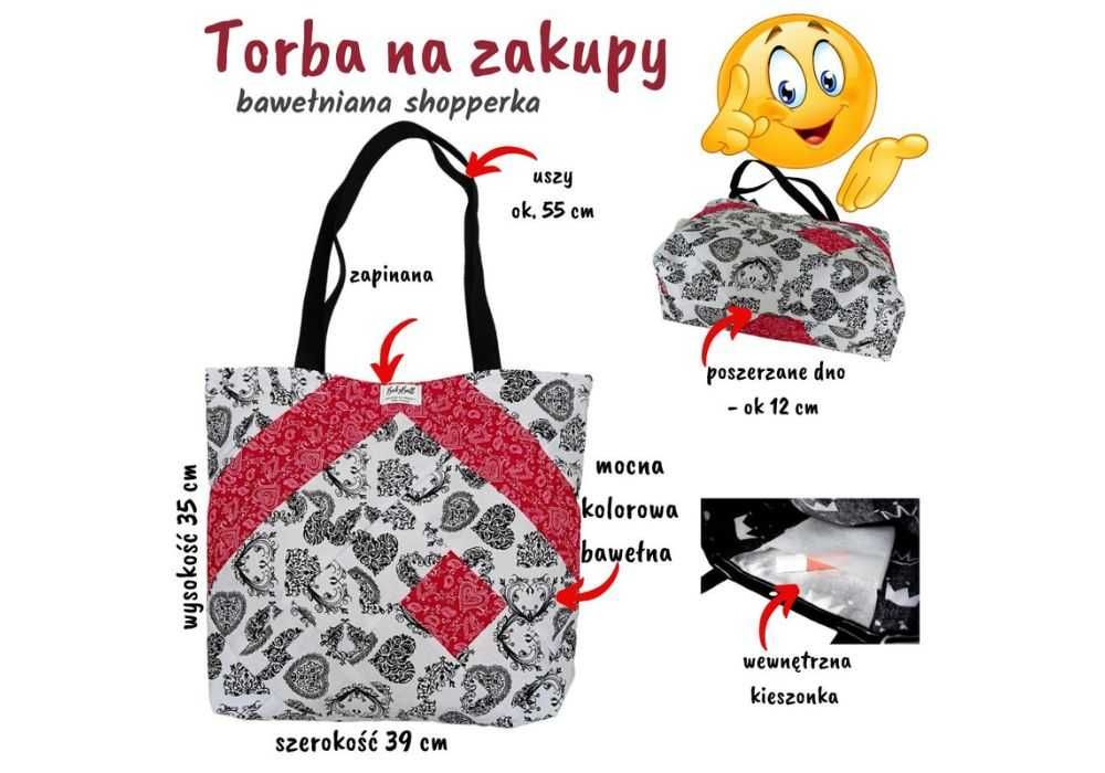 Torba na zakupy kolorowa bawełniana duża pojemna shopperka