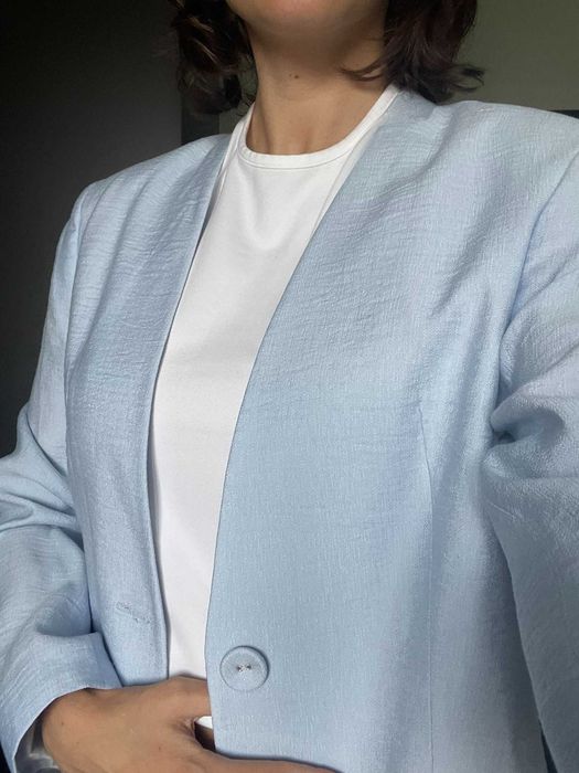 Жакет жіночий amoslook блакитний із жатого льону без лацкана xs-s-m