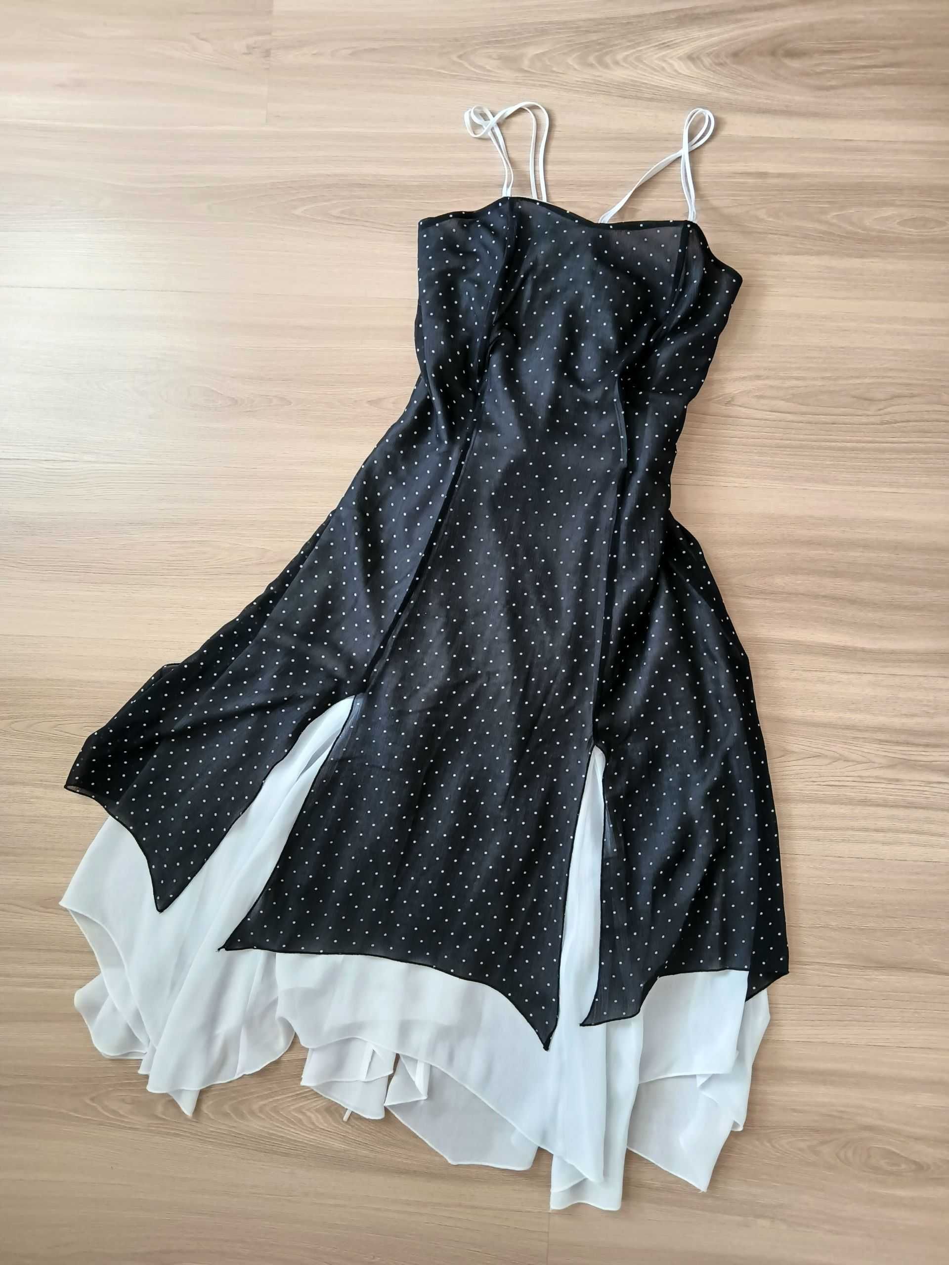 Sukienka na ramiączkach wiązana taliowana biało czarna z podszewką 40