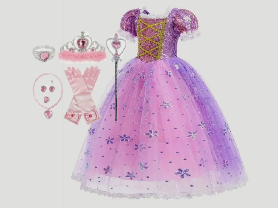 NOWY 104 110 Strój Księżniczka Roszpunka Kwiaty Akcesoria Sukienka Suk