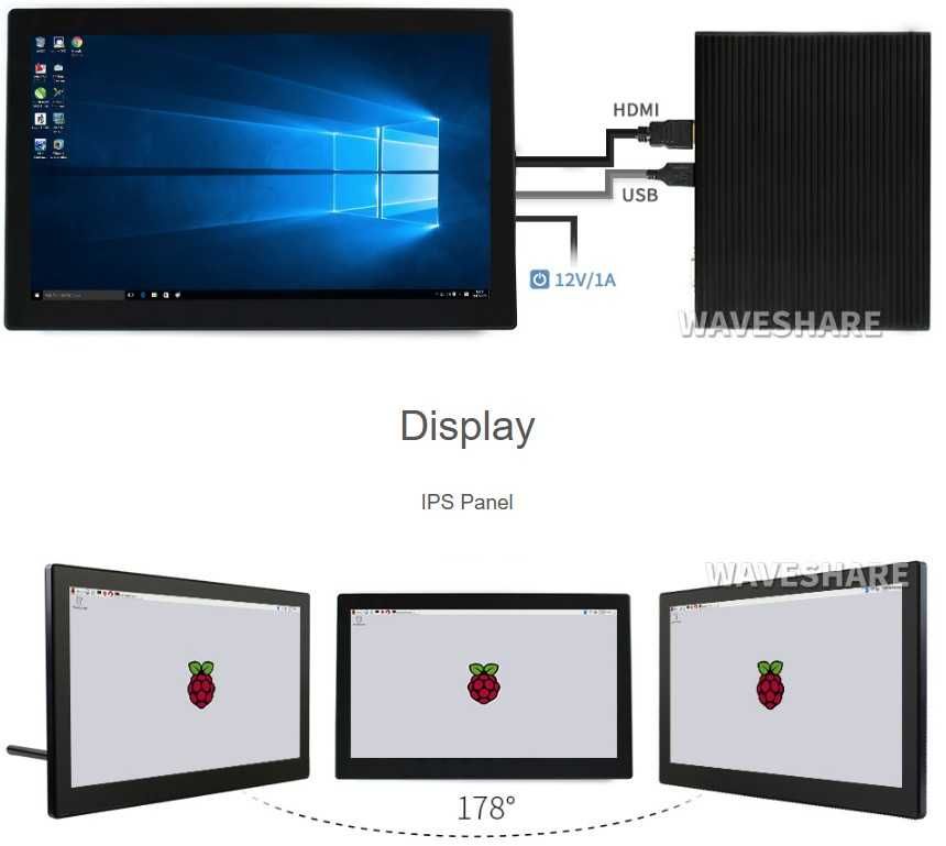 13.3" IPS HDMI сенсорний FullHD,звук,VESA, в корпусі від Waveshare 12v