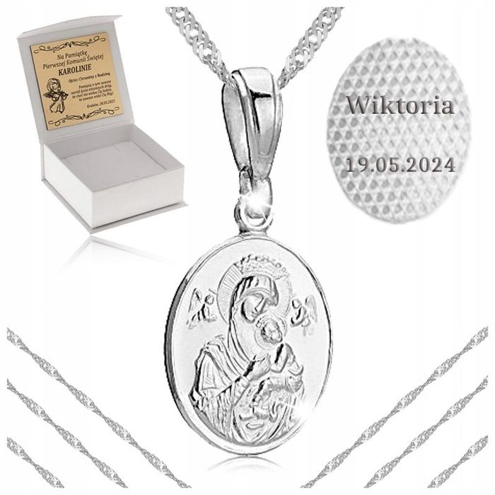 Srebrny Łańcuszek + Medalik 925 Prezent Dla Dziewczynki Na Komunię + G