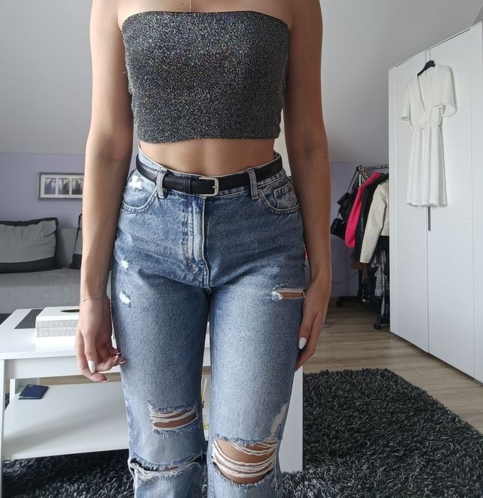 srebrny top błyszczący się Crop top nowy krótki bez ramiączek