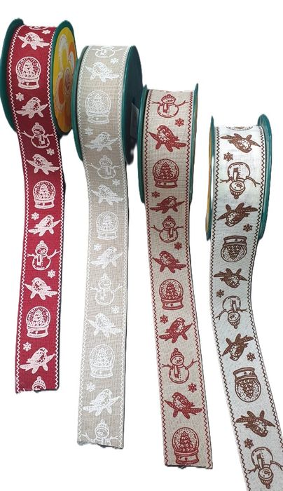 Wstążka Lniana Tkana Motywem Świątecznym 4 Cm X 10 Yd