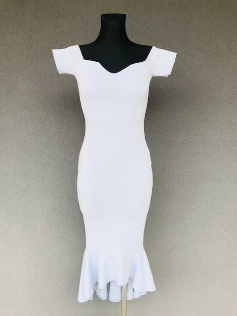 Sukienka asymetryczna midi z falbaną dopasowana rybka syrenka błękitna