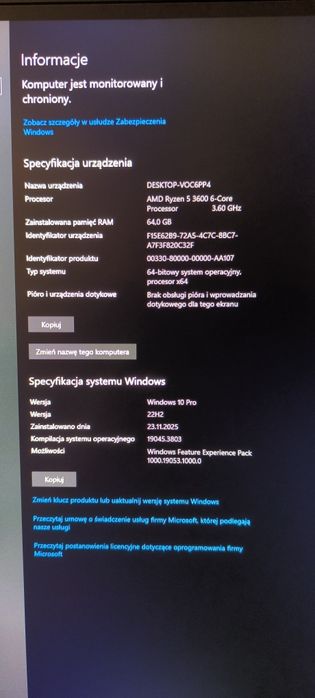 Komputer stacjonarny stacja gamingowy rayzen 5 3600 pamięć 64gb DDR 4