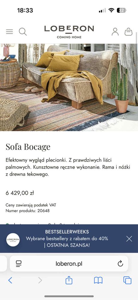 Kanapa boho naturalna z lisci palmowych