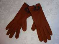 MANZINI brązowe wełniane nowe eleganckie rękawiczki z kokardką