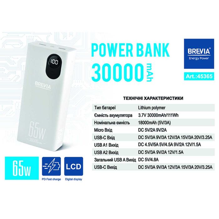 Повербанк (Power Bank) Brevia 30000mAh 65W Li-Pol, LCD