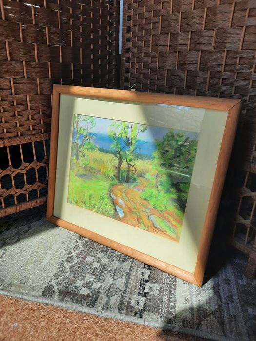 Obraz pastela pejzaż leśna droga las pole łąka w ramie drewnianej vint