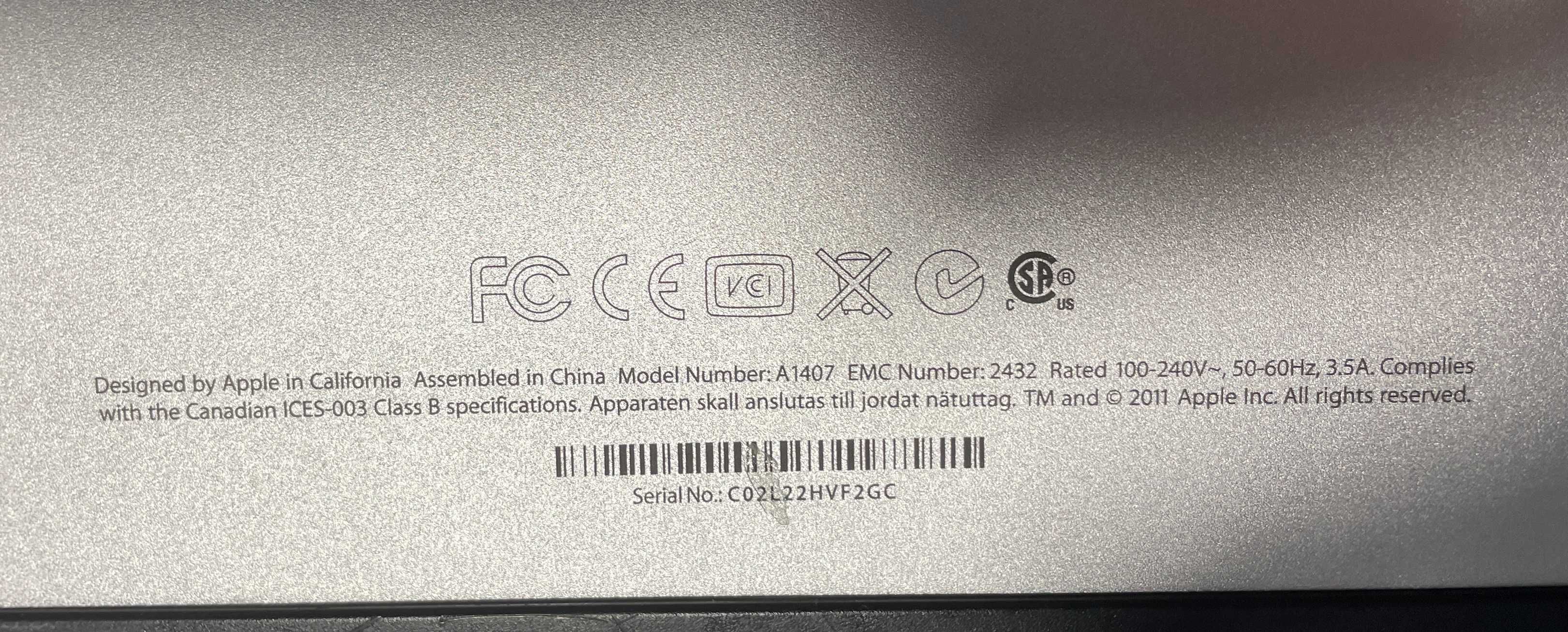 Vendo Monitor Apple Thunderbolt Display 27″ – Modelo A1407