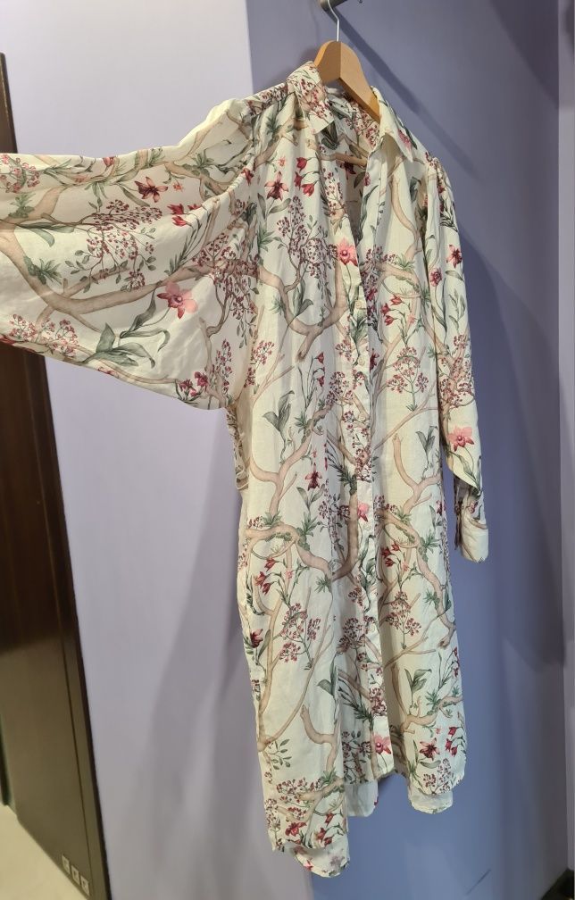 Sukienka midi H&M Johanna Ortiz M len bufiaste rękawy kieszenie pasek