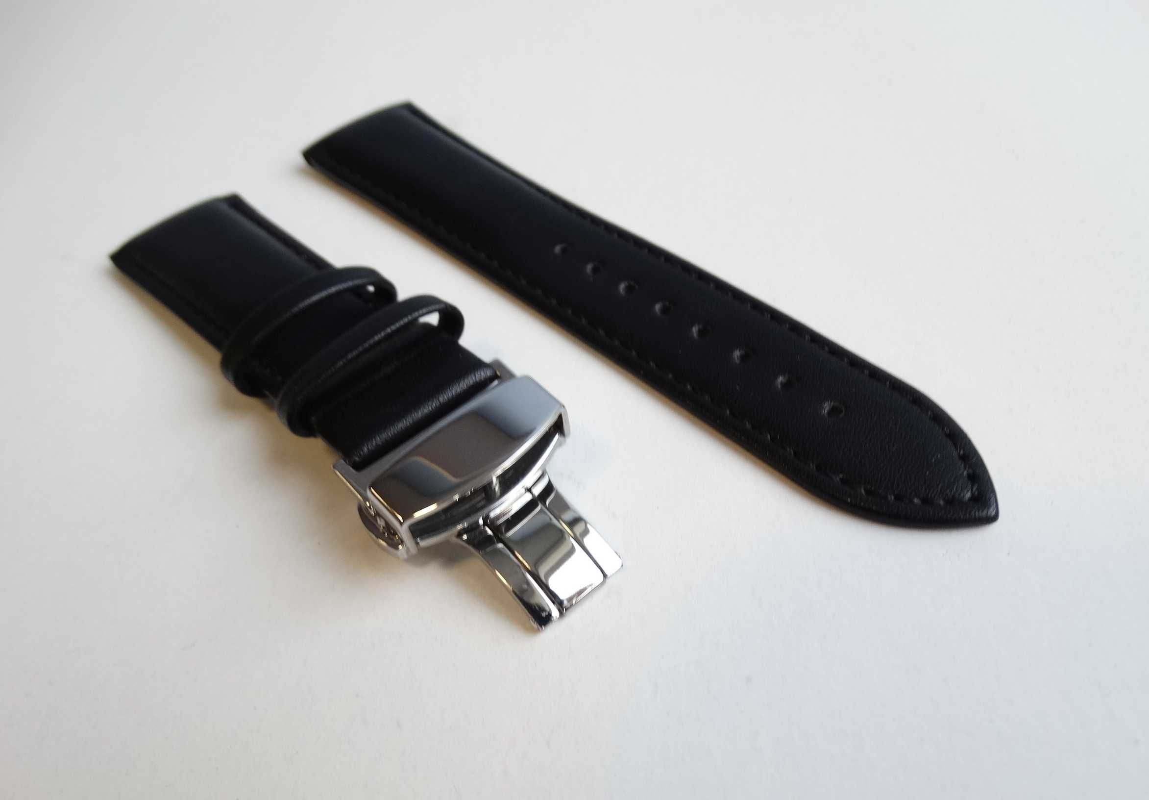 Skórzany pasek 22mm do zegarka czarny gładki klamra zapięcie motylkowe