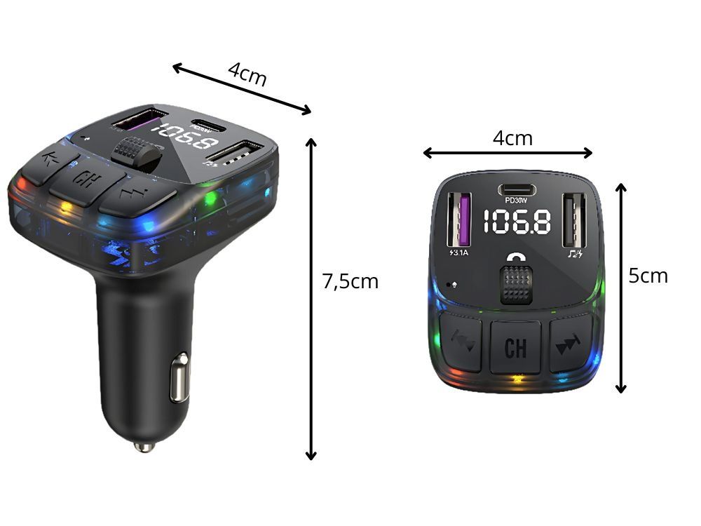 Transmiter samochodowy fm bluetooth 5.3 2xUSB + USB-C MP3/WMA QC 3.0