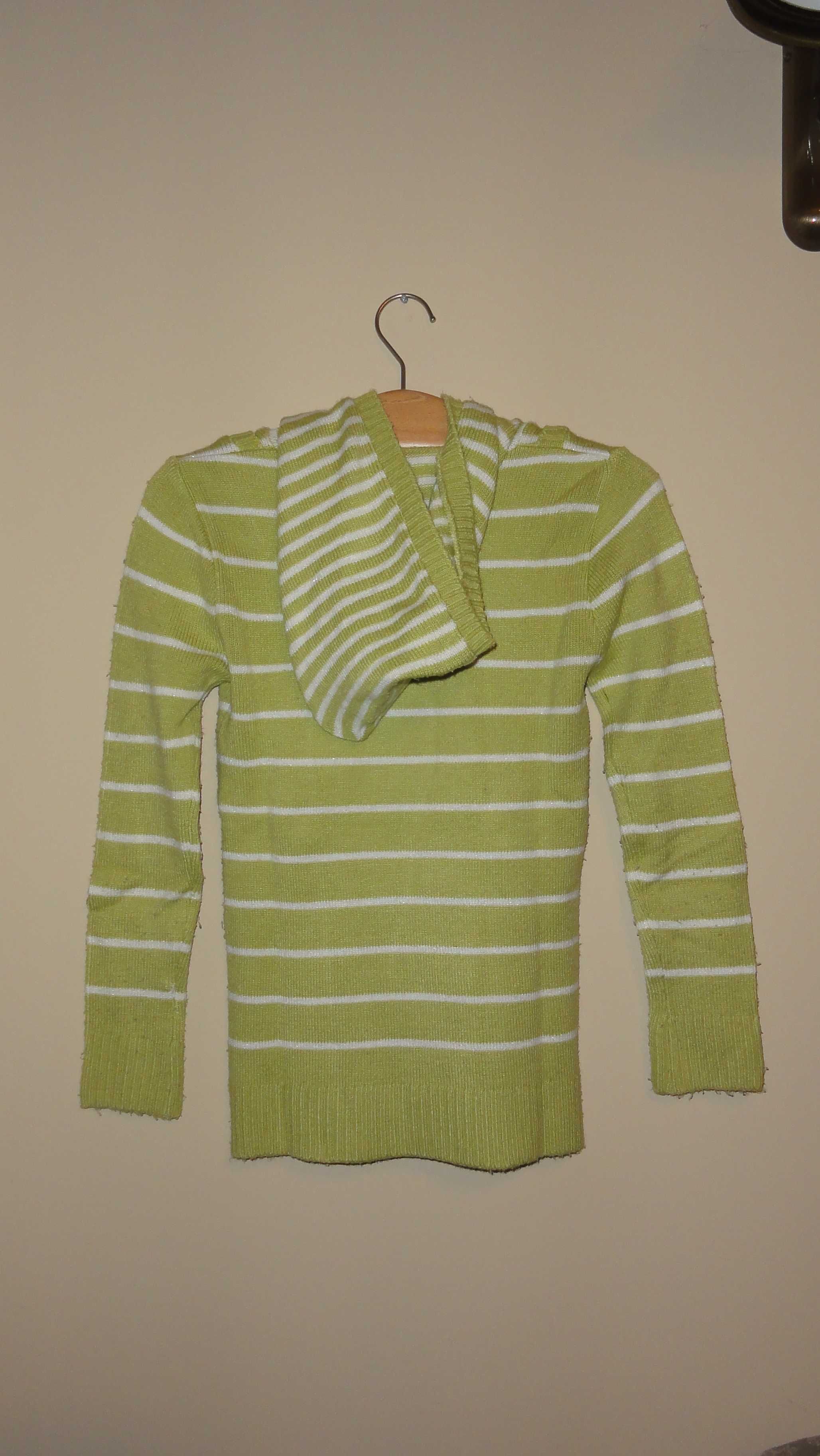 Sweter z kapturem w biało - zielone pasy. Roz. S. DL Style. Tanio.