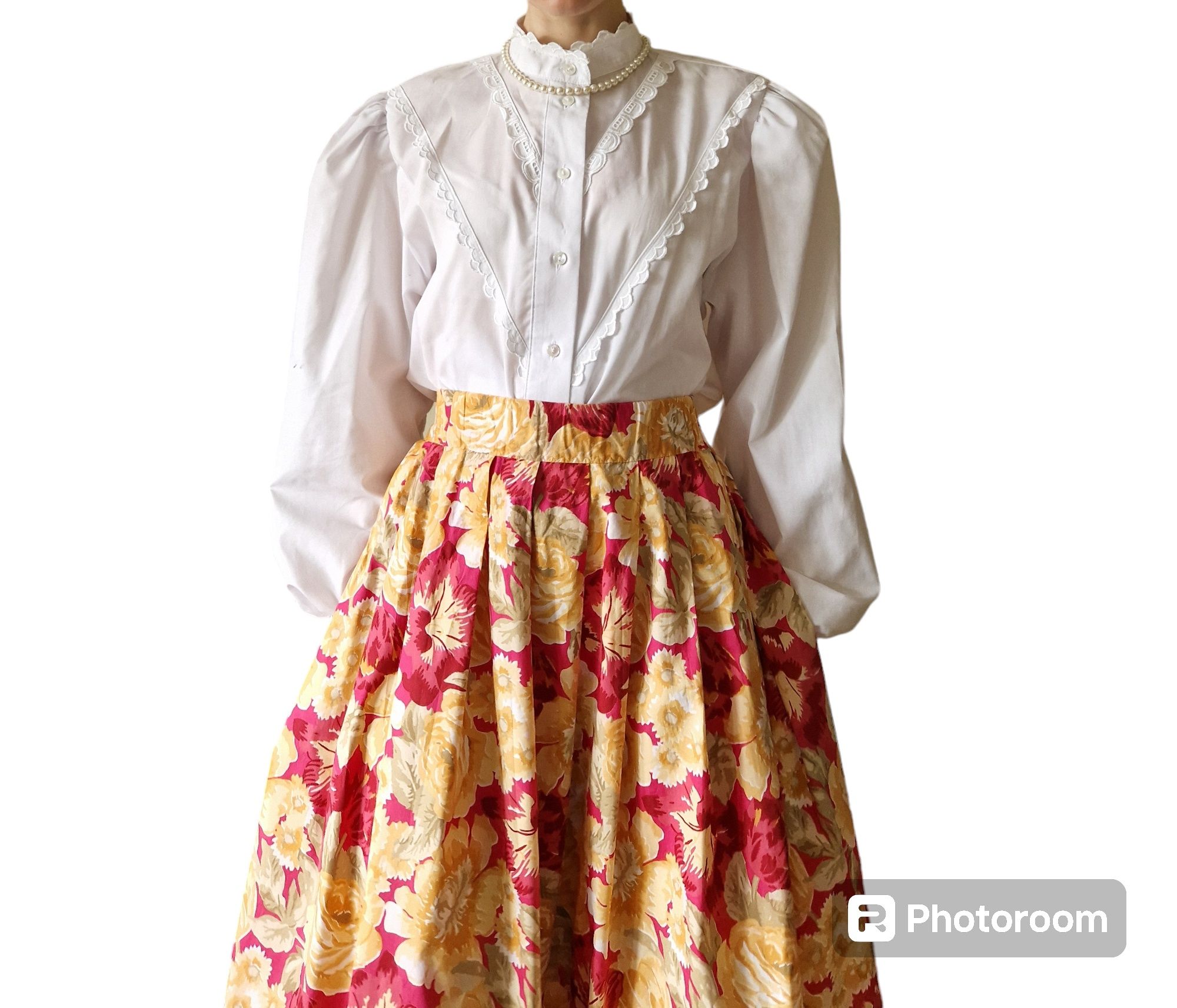 Vintage spódnica midi w kwiaty rozkloszowana żółta różowa wysoki stan