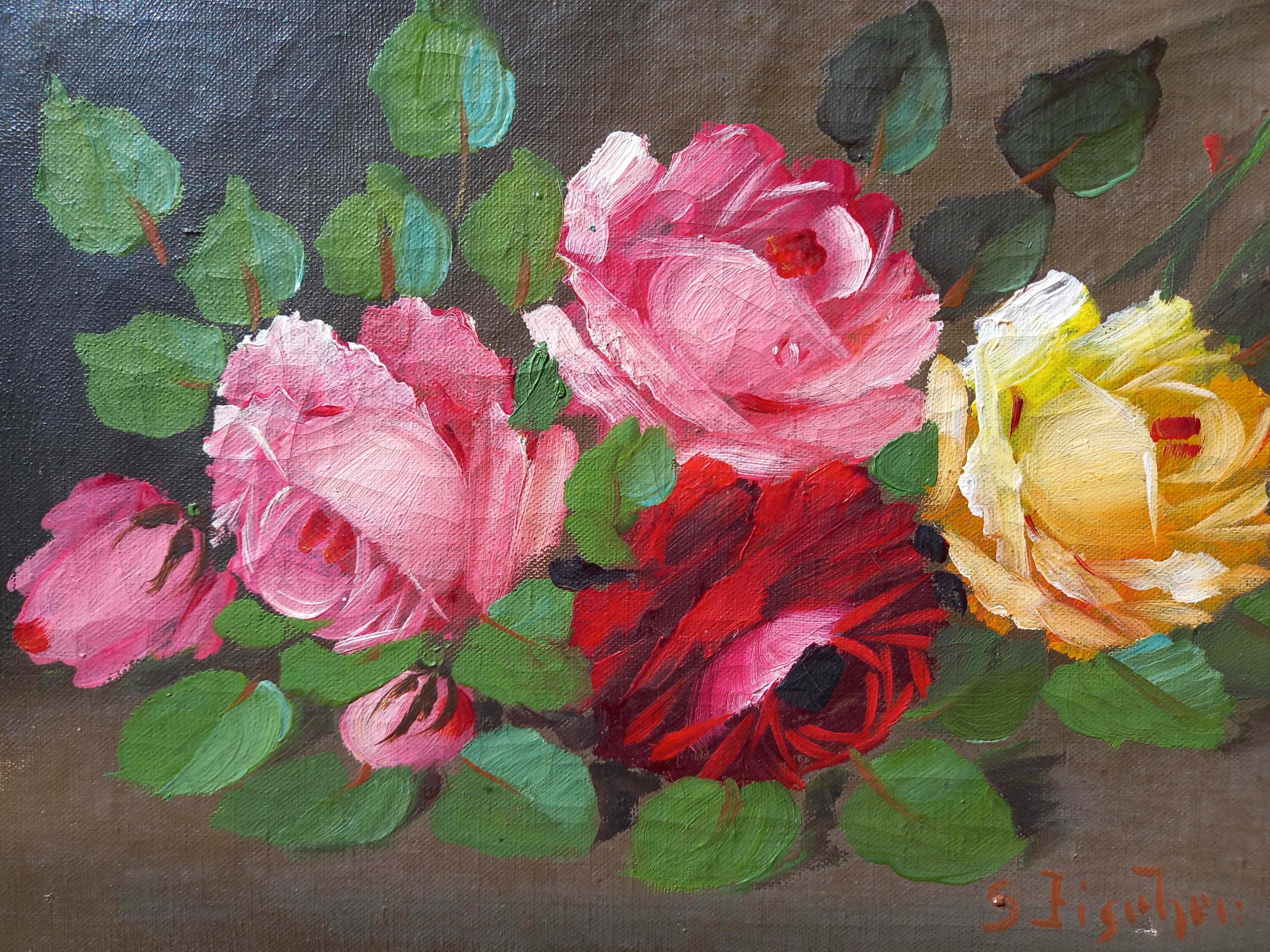 Martwa natura z różami, olej/płótno,S.Fischer, pocz. XX w.