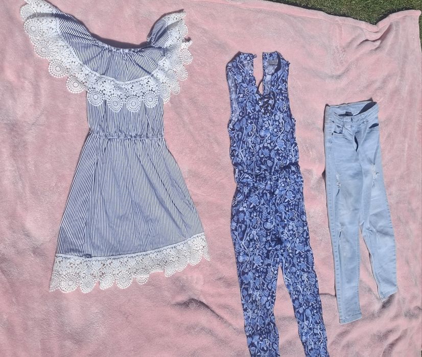 146 jeans, kombinezon, sukienka zestaw