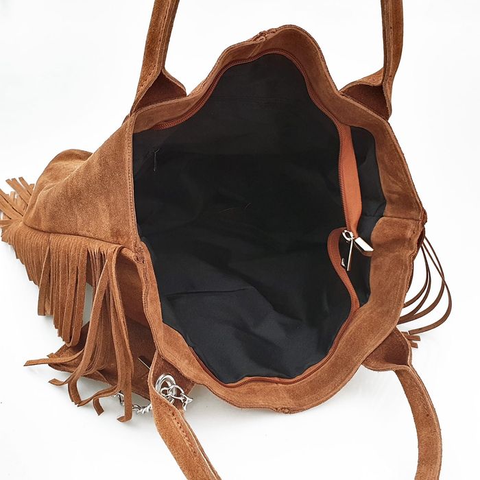 VERA PELLE torebka damska zamszowa shopper z frędzlami V460 c.brązowa