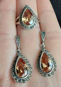 Сережки і перстень (набір) з крапельного срібла з камнем  рауф топаз