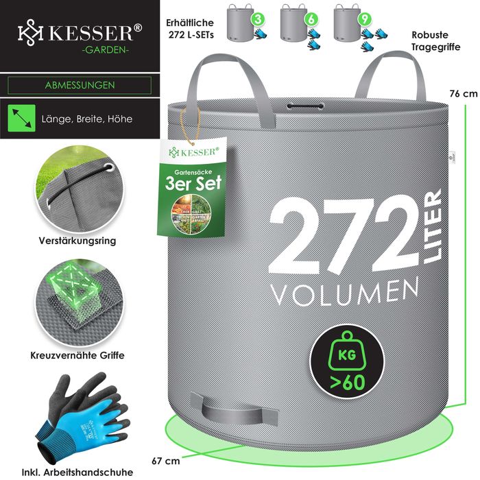 Worek ogrodowy, zestaw 3szt. x 272 L+ rękawice