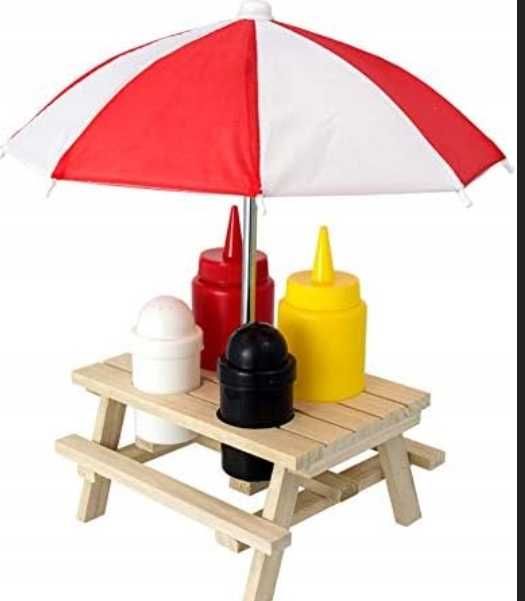 Zestaw na grill stojak z dozownikami do sosów solniczką i pieprzniczką