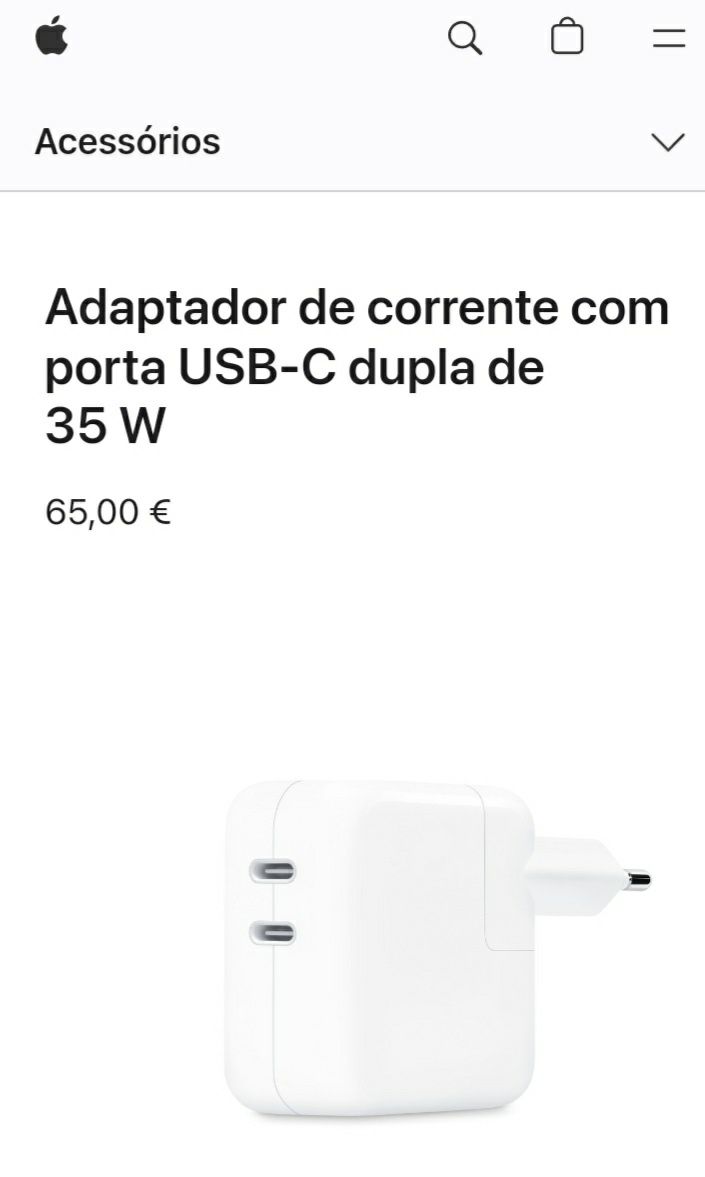 Original Adaptador de corrente Apple USB‑C dupla de 35 W e Cabo 2m