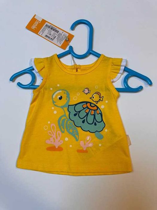 Koszulka T-shirt 62 krótki rękaw z falbanką żółta zapinana z tyłu