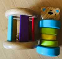 Drewniane zabawki montessori walec z kulką i miś na gumce