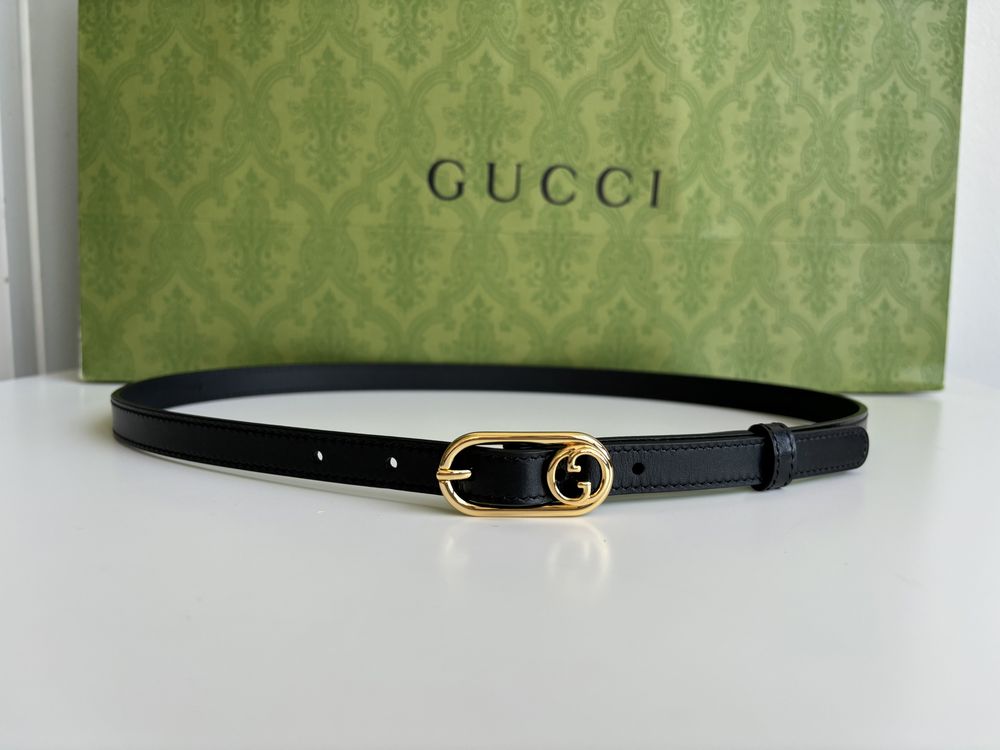 Gucci nowość cieniutki czarny pasek skóra naturalna złota klamra