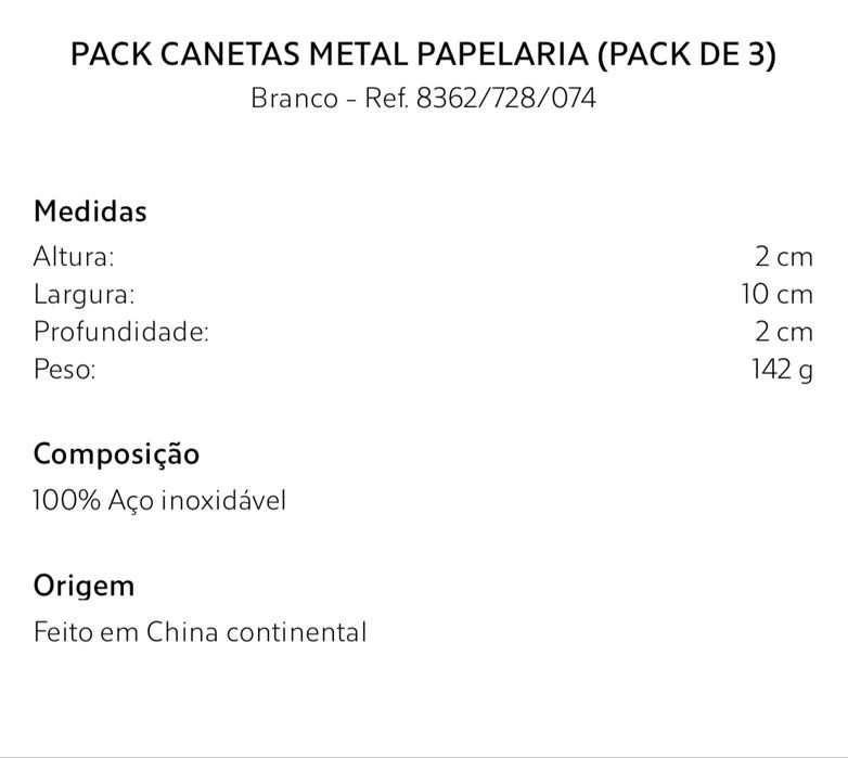 Pack Canetas Metal Papelaria (PACK DE 3) Zara Home NOVO