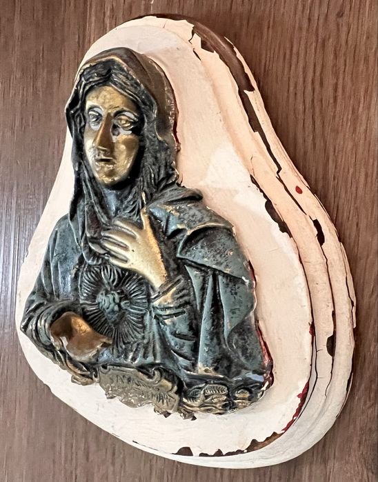 Antigo Sagrado Coraçao de Maria latão sólido.