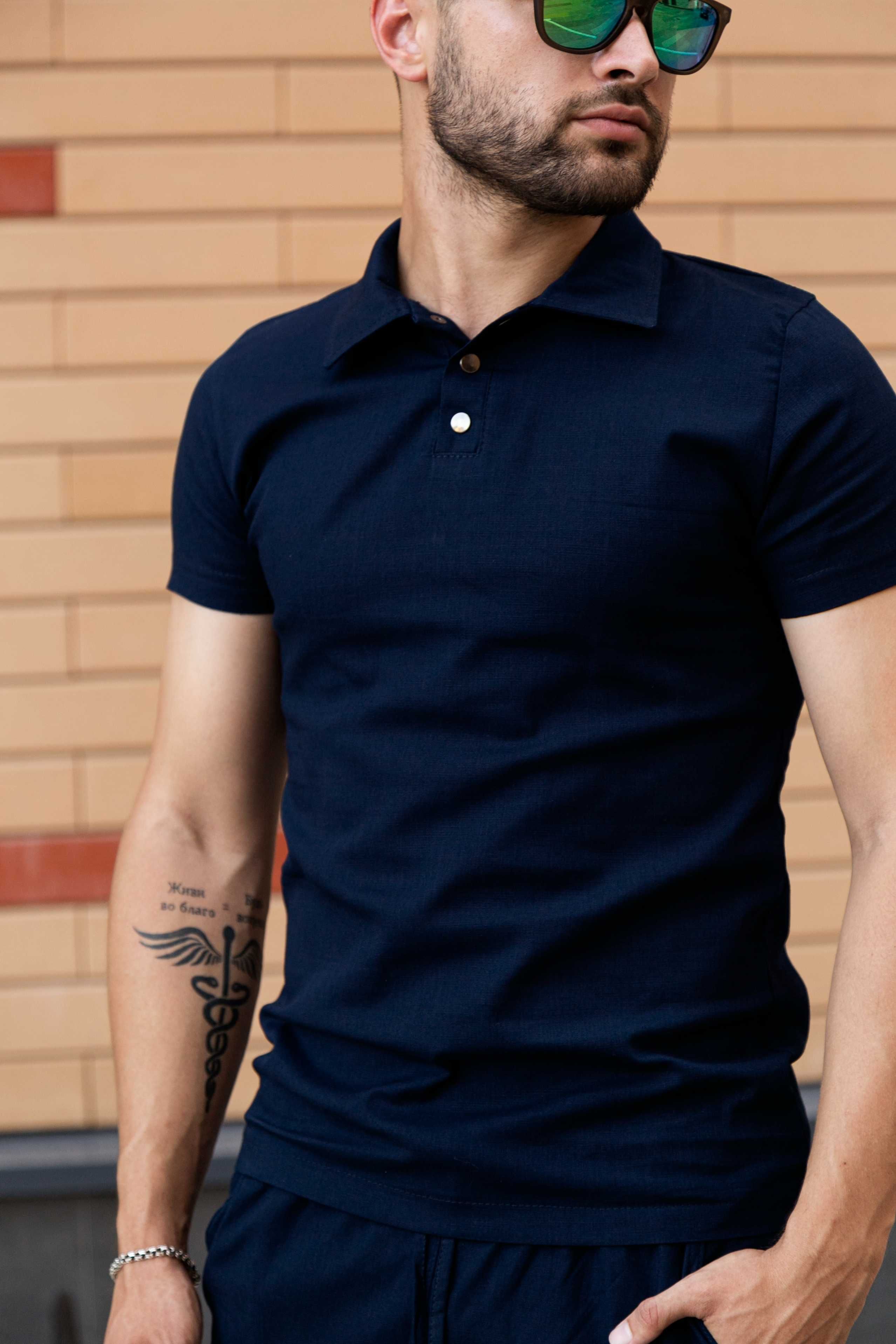Костюм мужской летний льняной тёмно-синий футболка и шорты